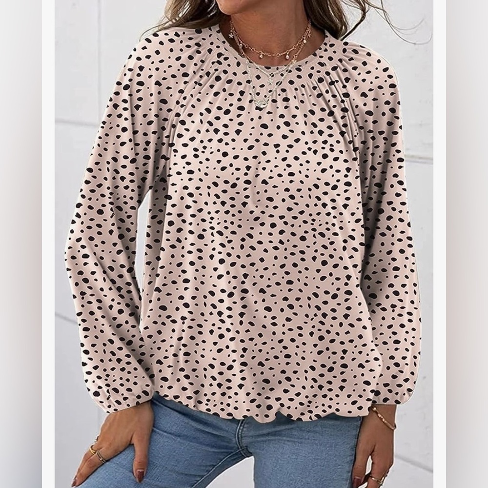 NWT Halife long sleeved beige polka dot blouse size L